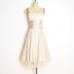 vintage Y2K prom dress beige lace satin full midi party cocktail tea length M